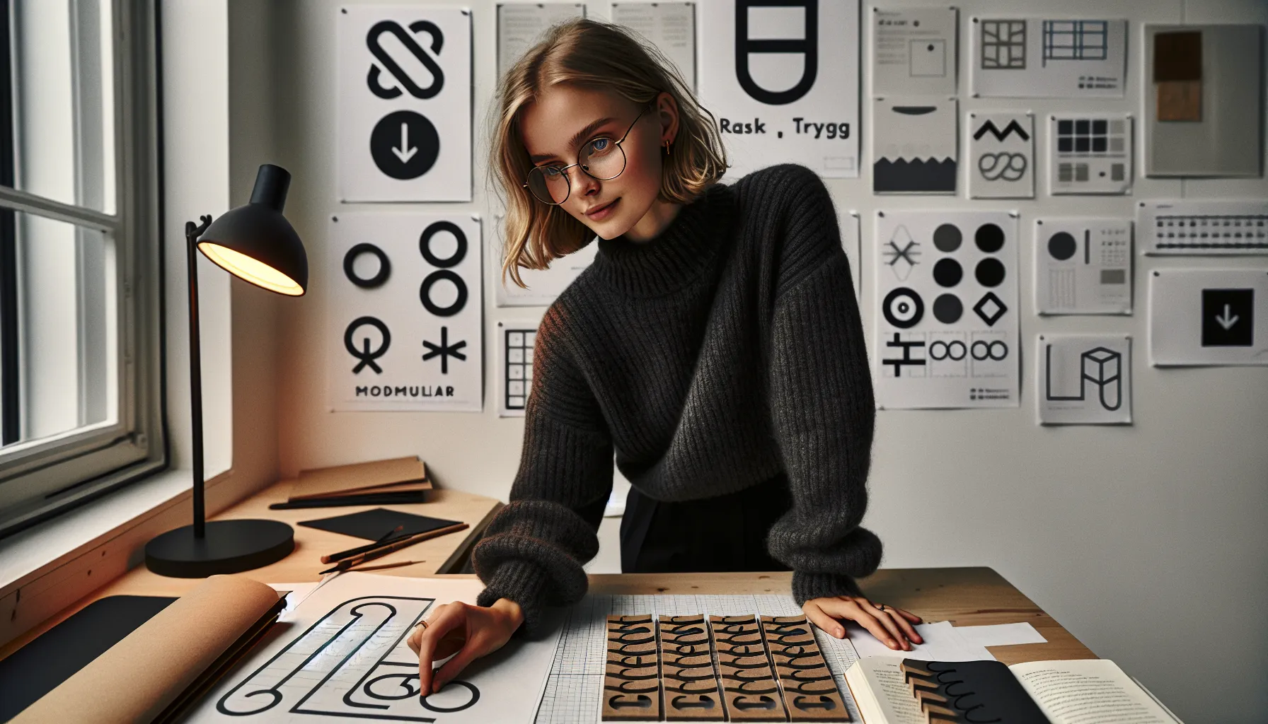 Norwegian designer crafting uvp-driven logo concepts at a sunlit studio desk.