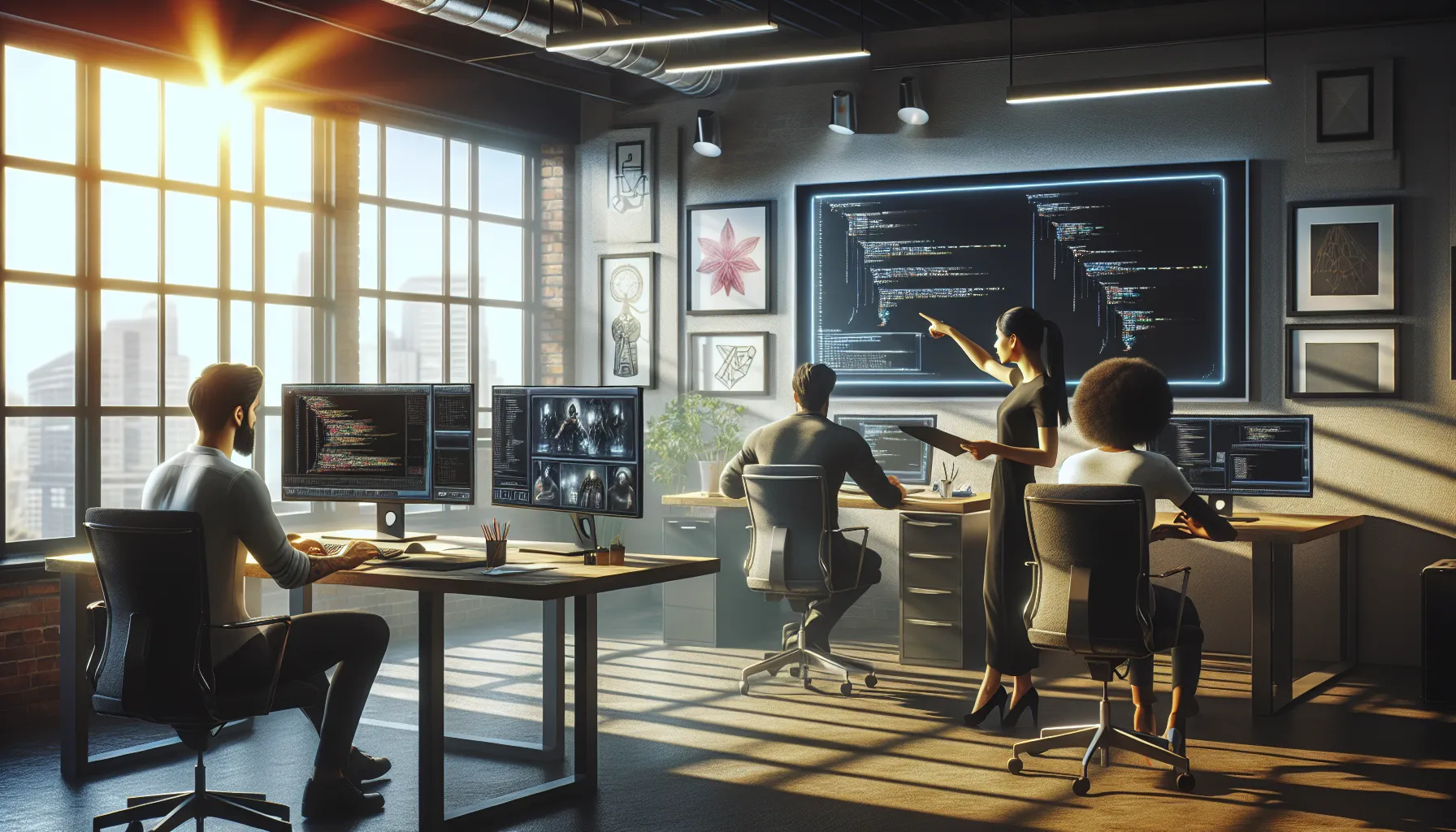 diverse team discussing gaming patch issues in a modern office.