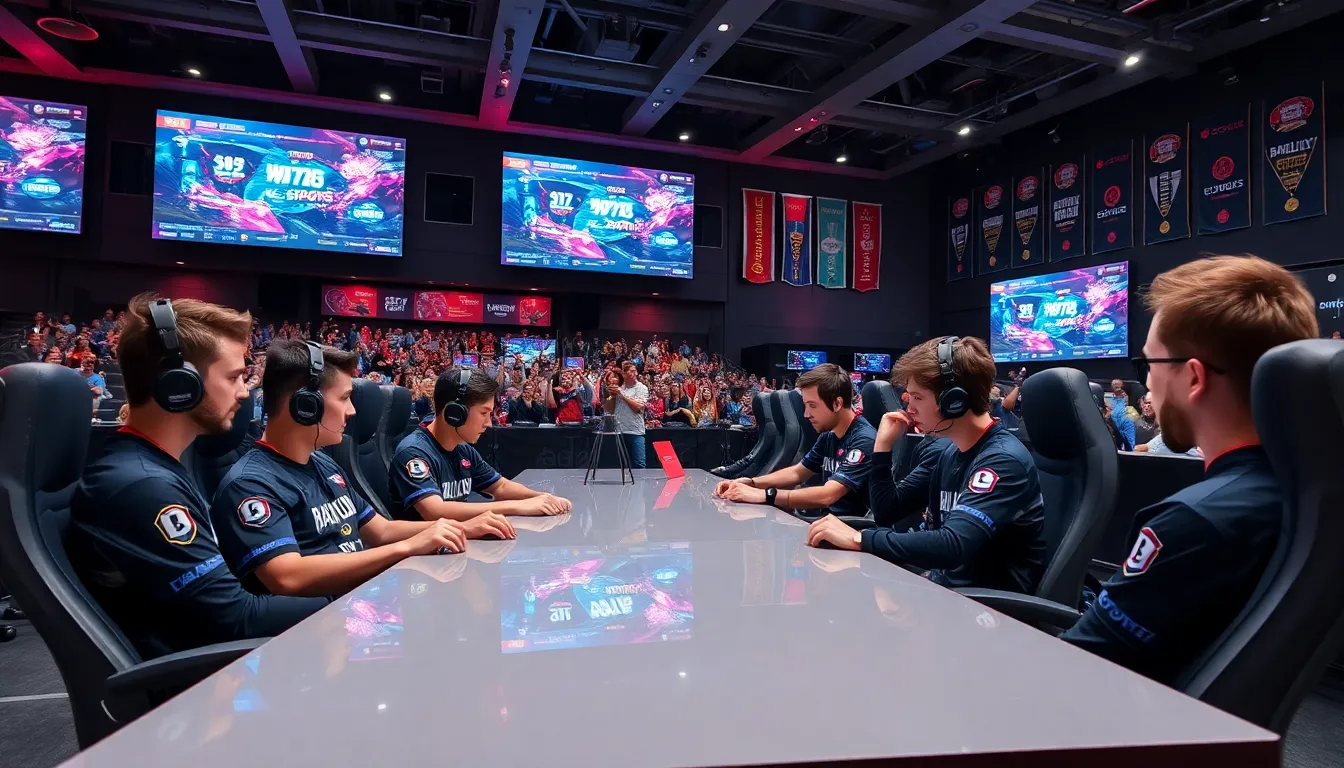 diverse team of gamers strategizing in a modern esports arena.