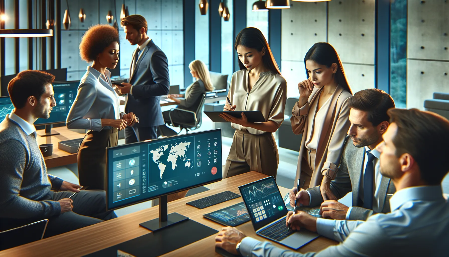 diverse team discussing area codes in a modern office.