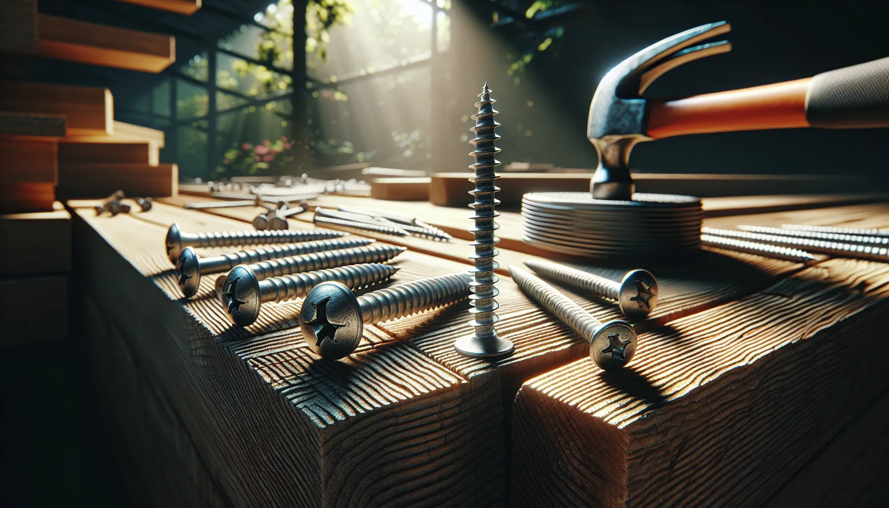 A wooden deck featuring both nails and screws for comparison.