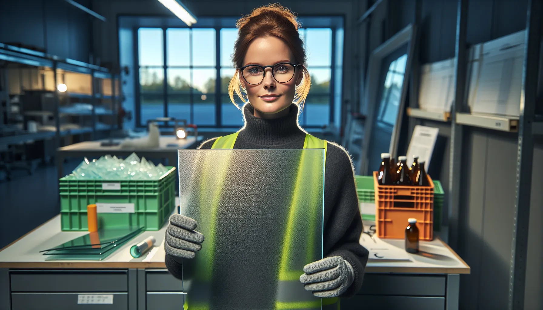 Engineer inspects cellulose-based glazing panel in norwegian lab focused on circularity.