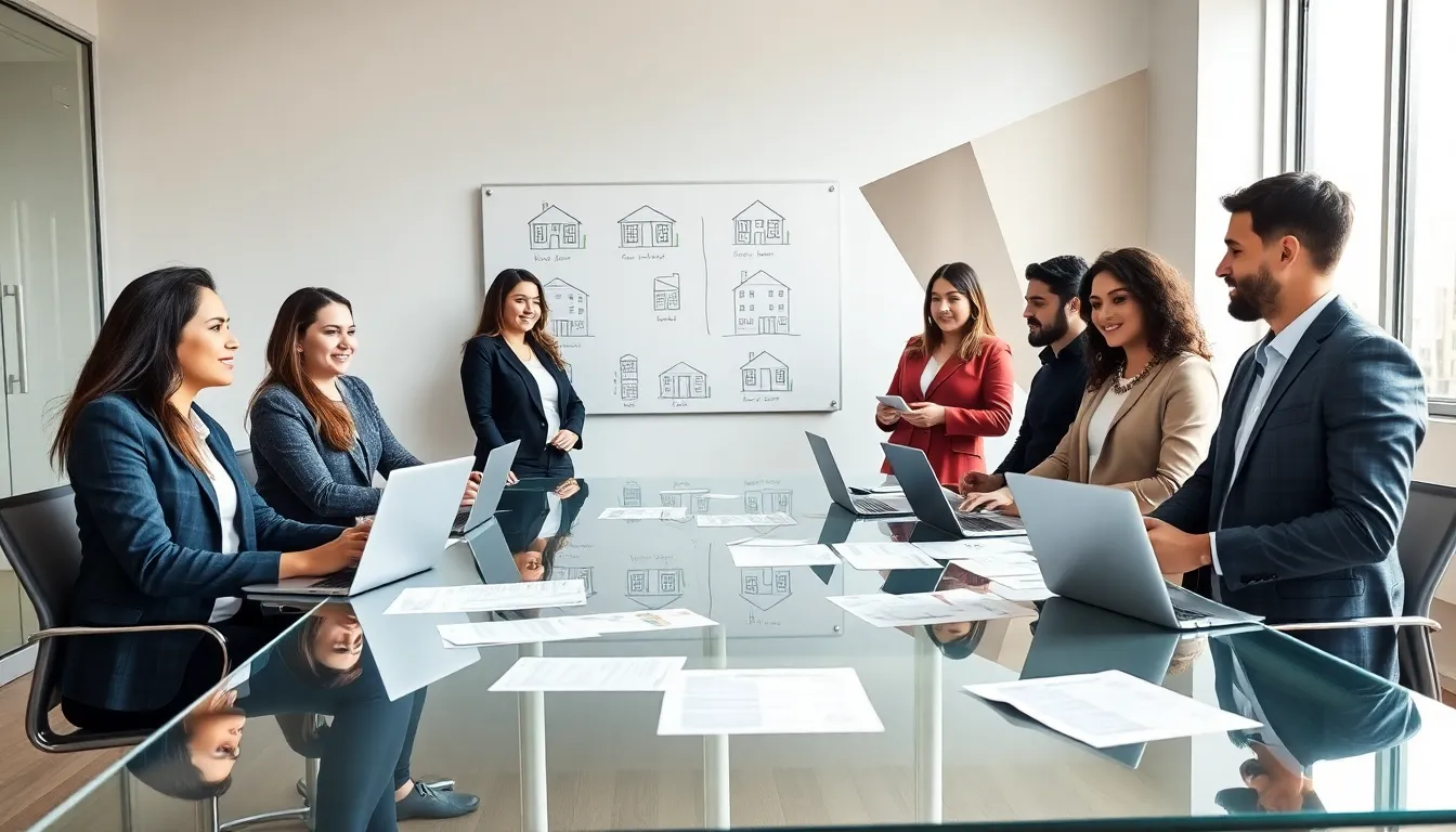 diverse team discussing multi-family real estate investing in a modern office