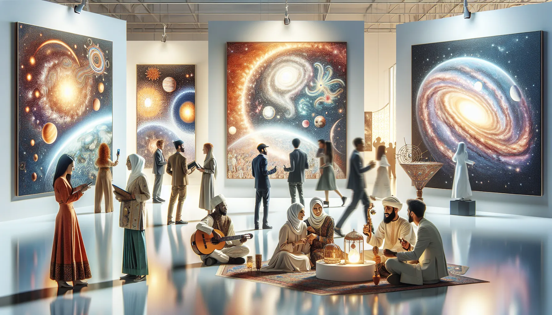 diverse group celebrating Moondweiier in an art gallery.