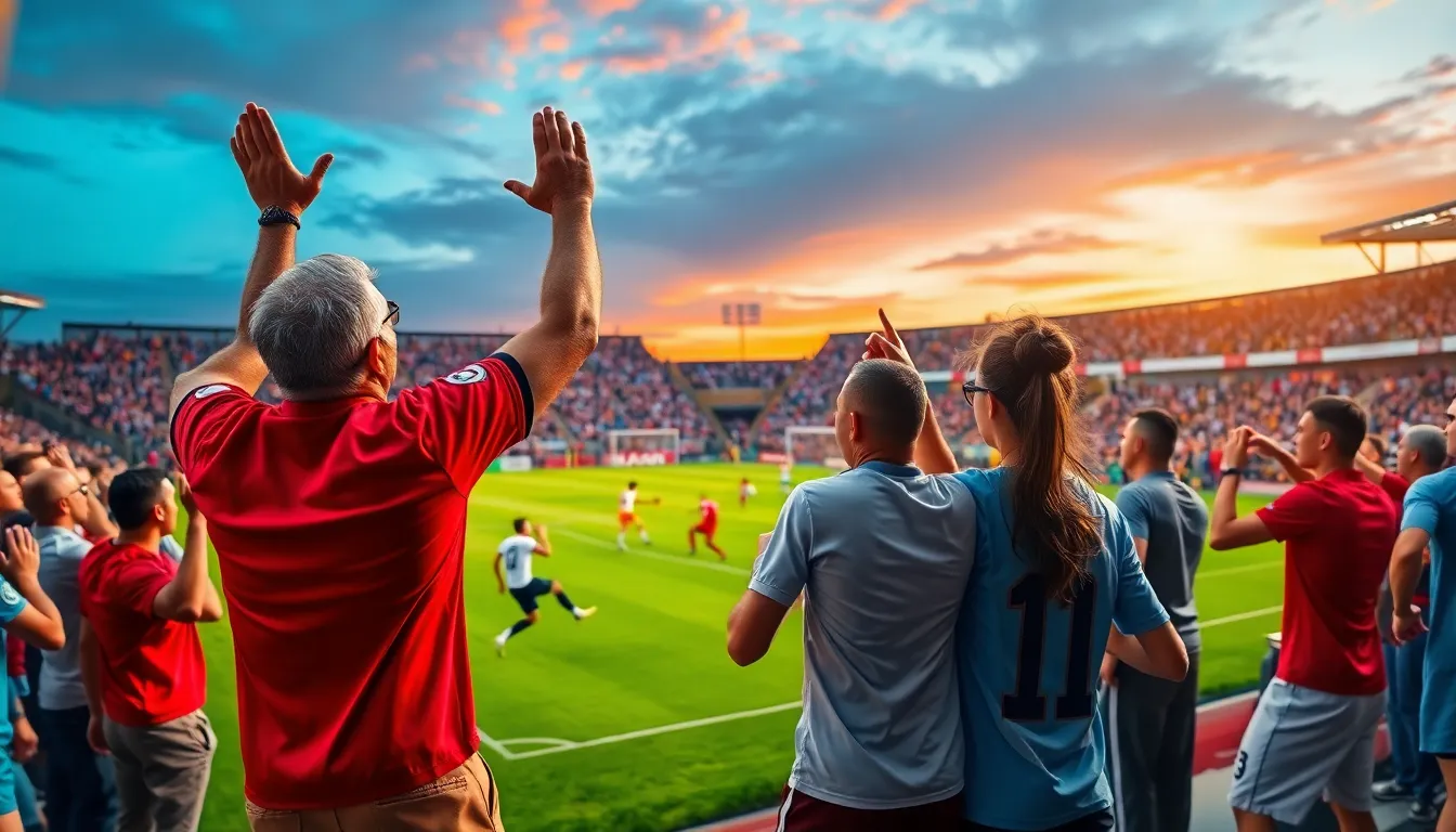 Fans celebrating and reacting during a thrilling football match.