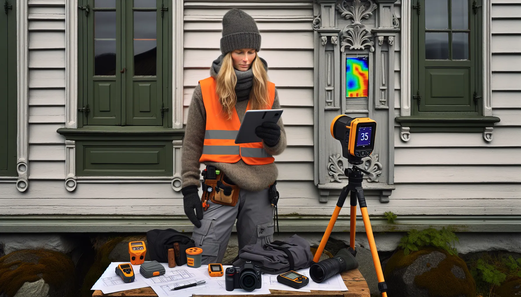 Architect surveys a norwegian wooden villa using thermal camera and documentation tools.