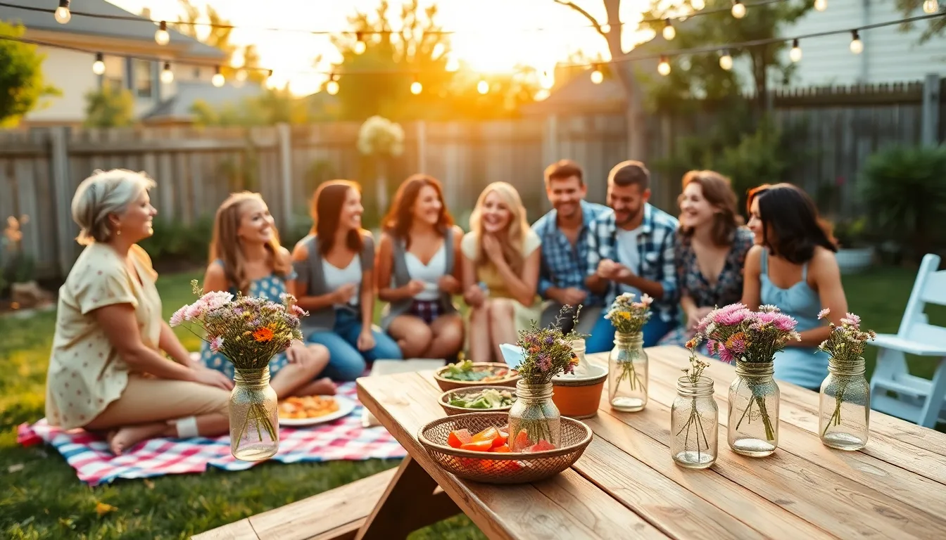 A joyful backyard gathering featuring diverse people enjoying homemade food.