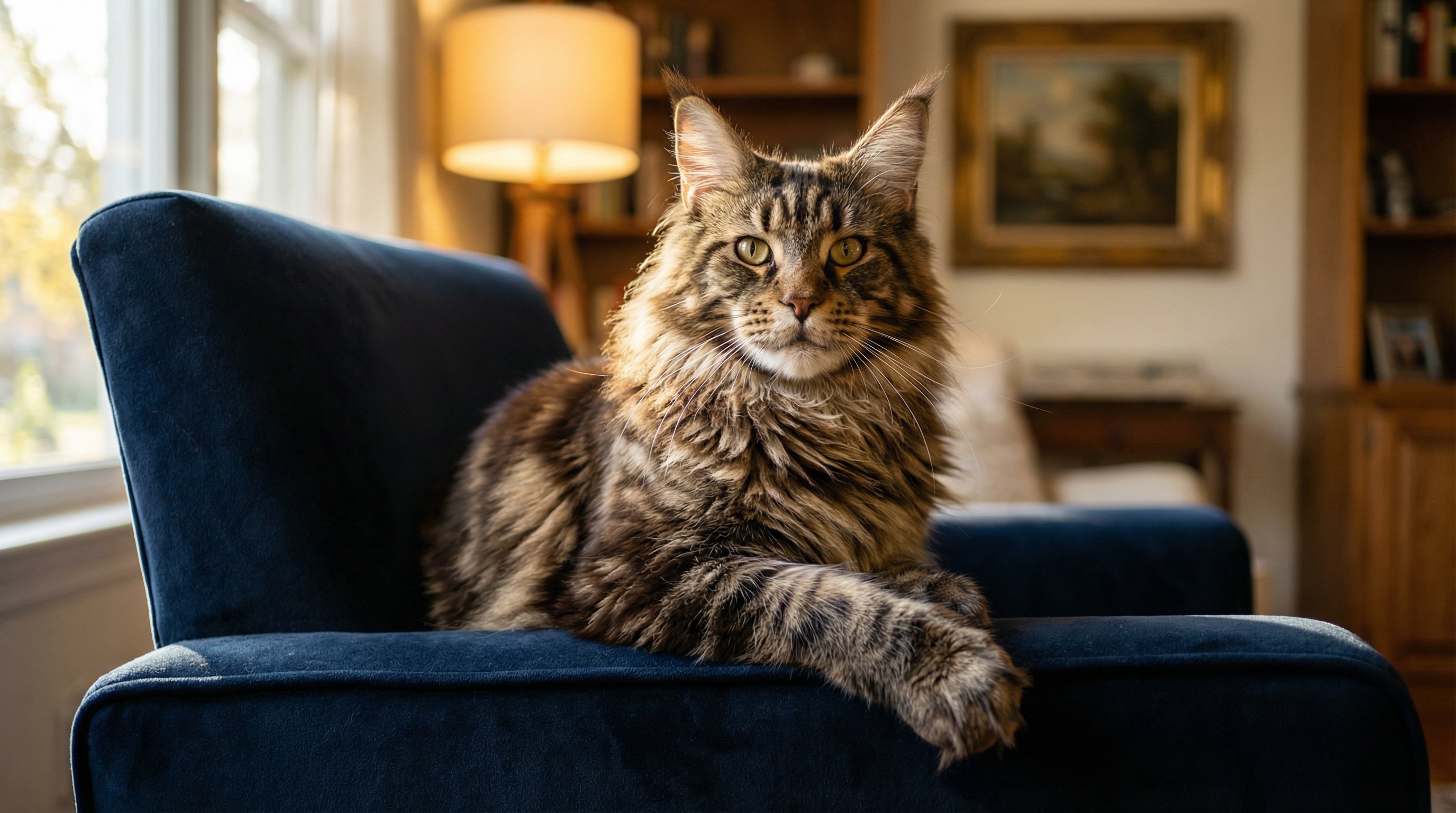 A majestic brown tabby Maine Coon cat posing regally on a velvet armchair.