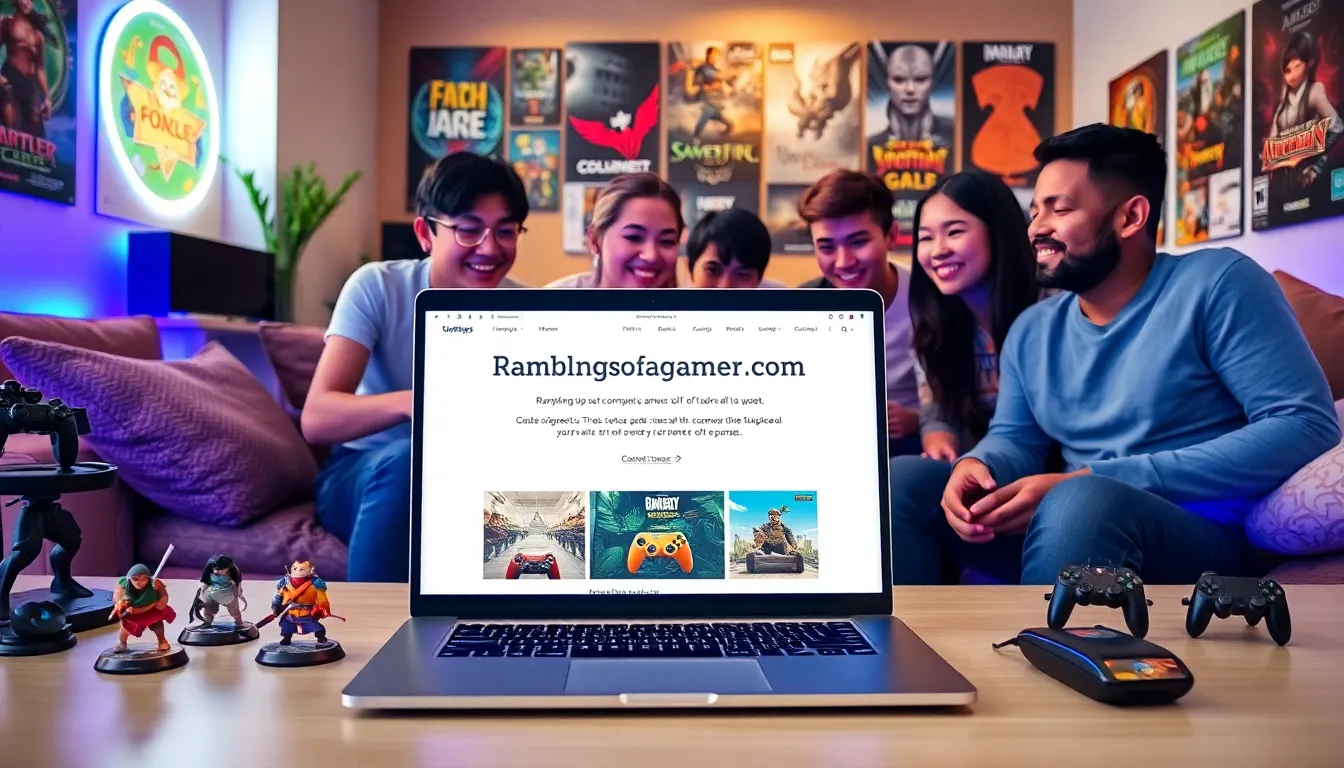 diverse gamers engaging around a laptop in a cozy gaming space.