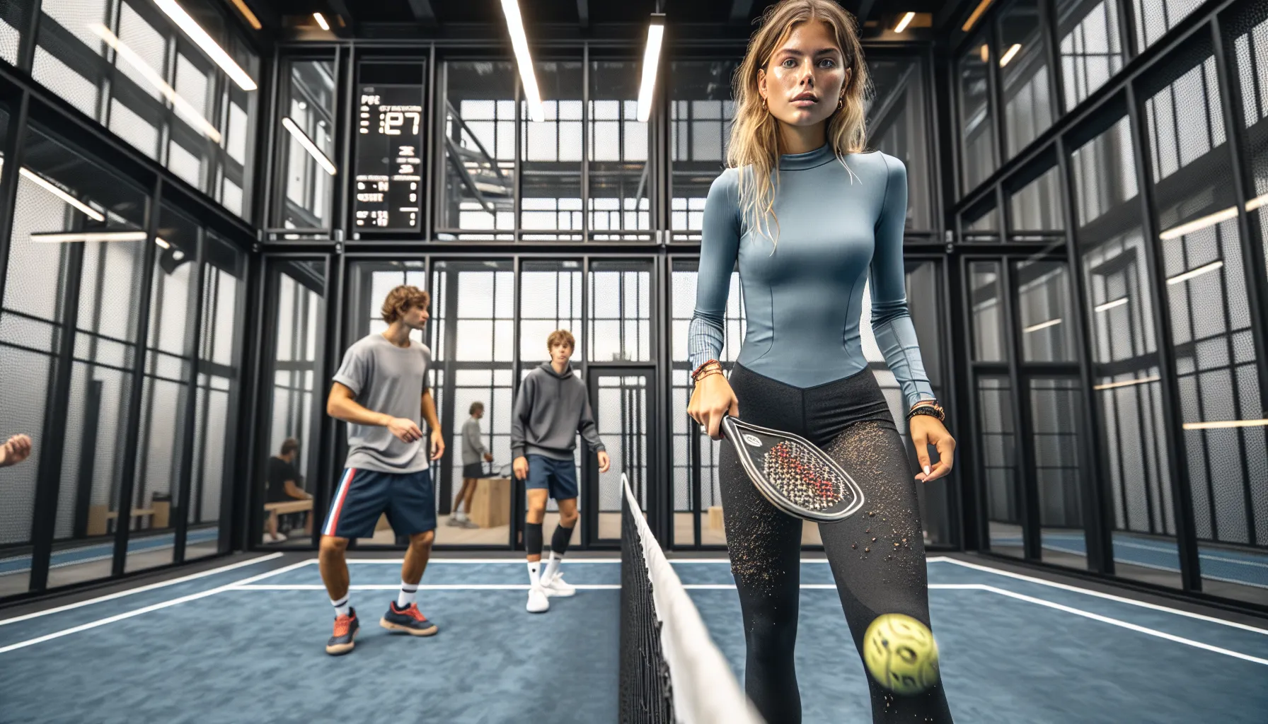 Mixed-age players smiling during a doubles padel match in norway.