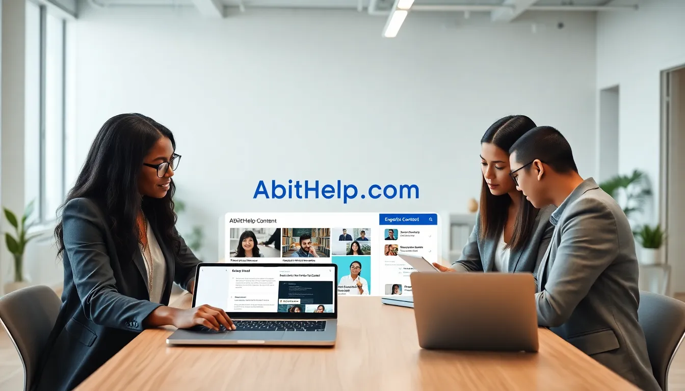 Professionals collaborating around a laptop displaying AbitHelp.com.