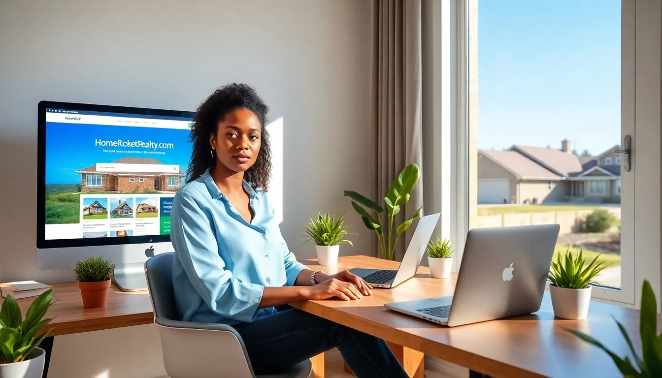 A young woman in a modern office using HomeRocketRealty.com on her computer.
