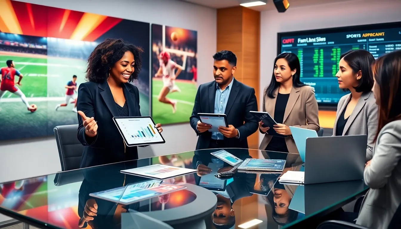 diverse team analyzing sports statistics in a modern studio.