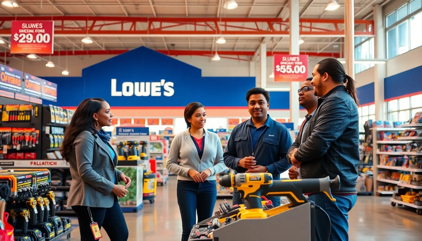 diverse group discussing tools in a modern Lowe's store.
