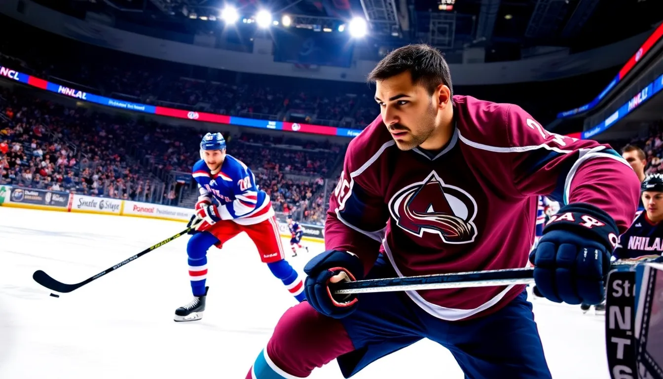 two hockey players battling for the puck on an ice rink during a game.