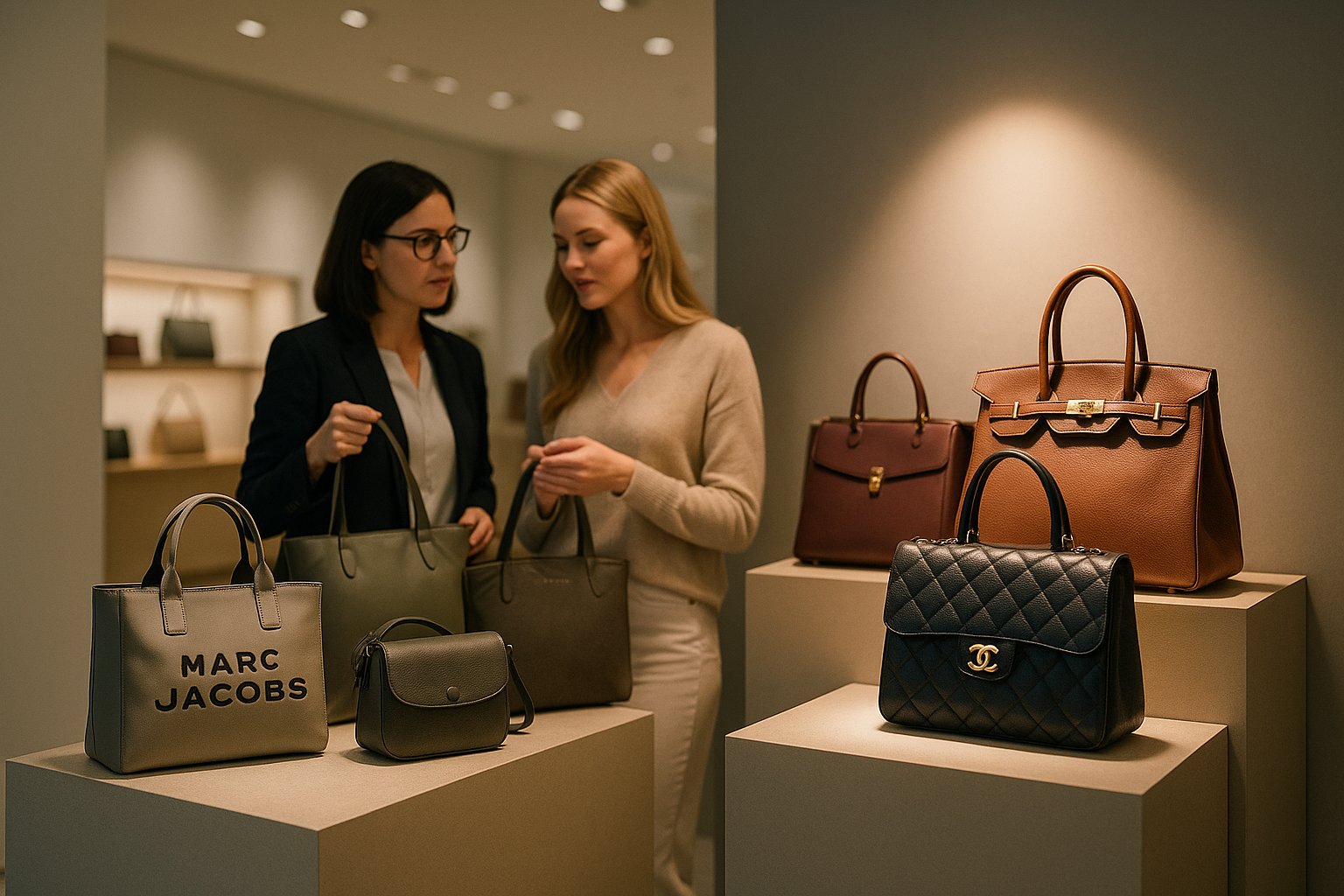 Designer and luxury handbags on elegant display in a modern boutique.