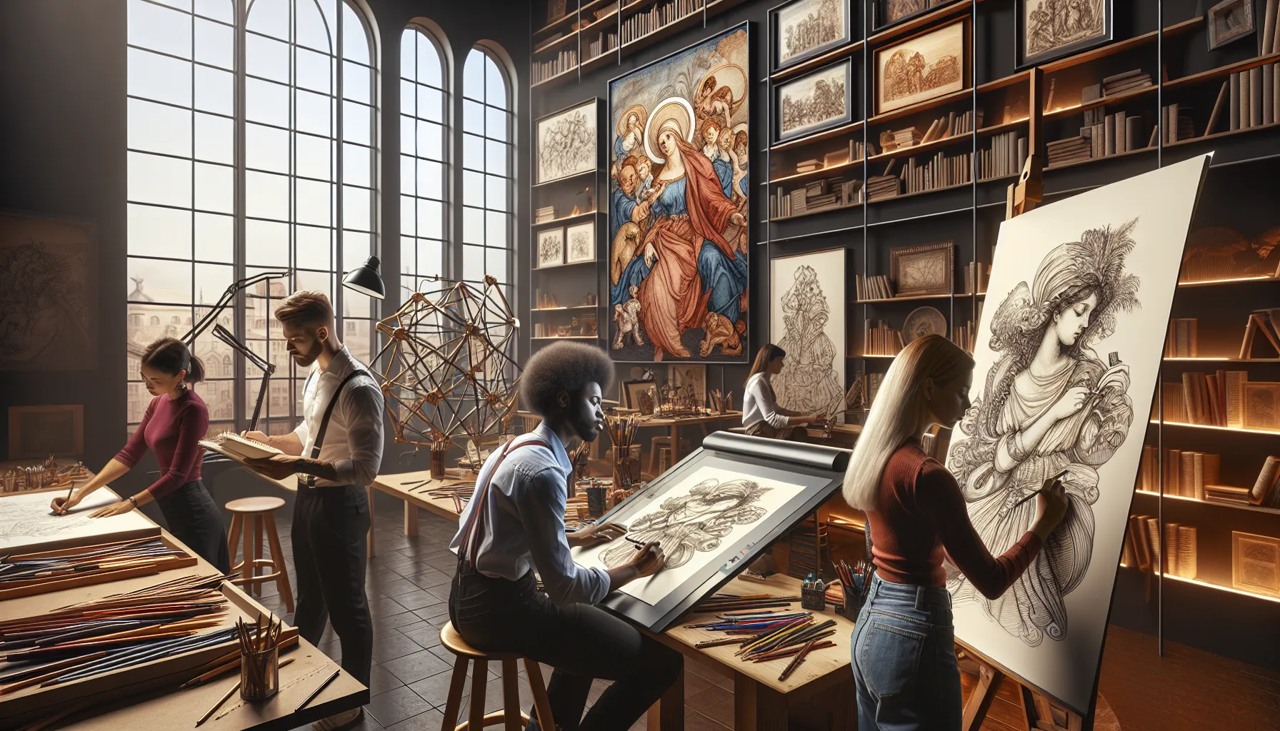 diverse artists collaborating on outline drawings in a modern studio.