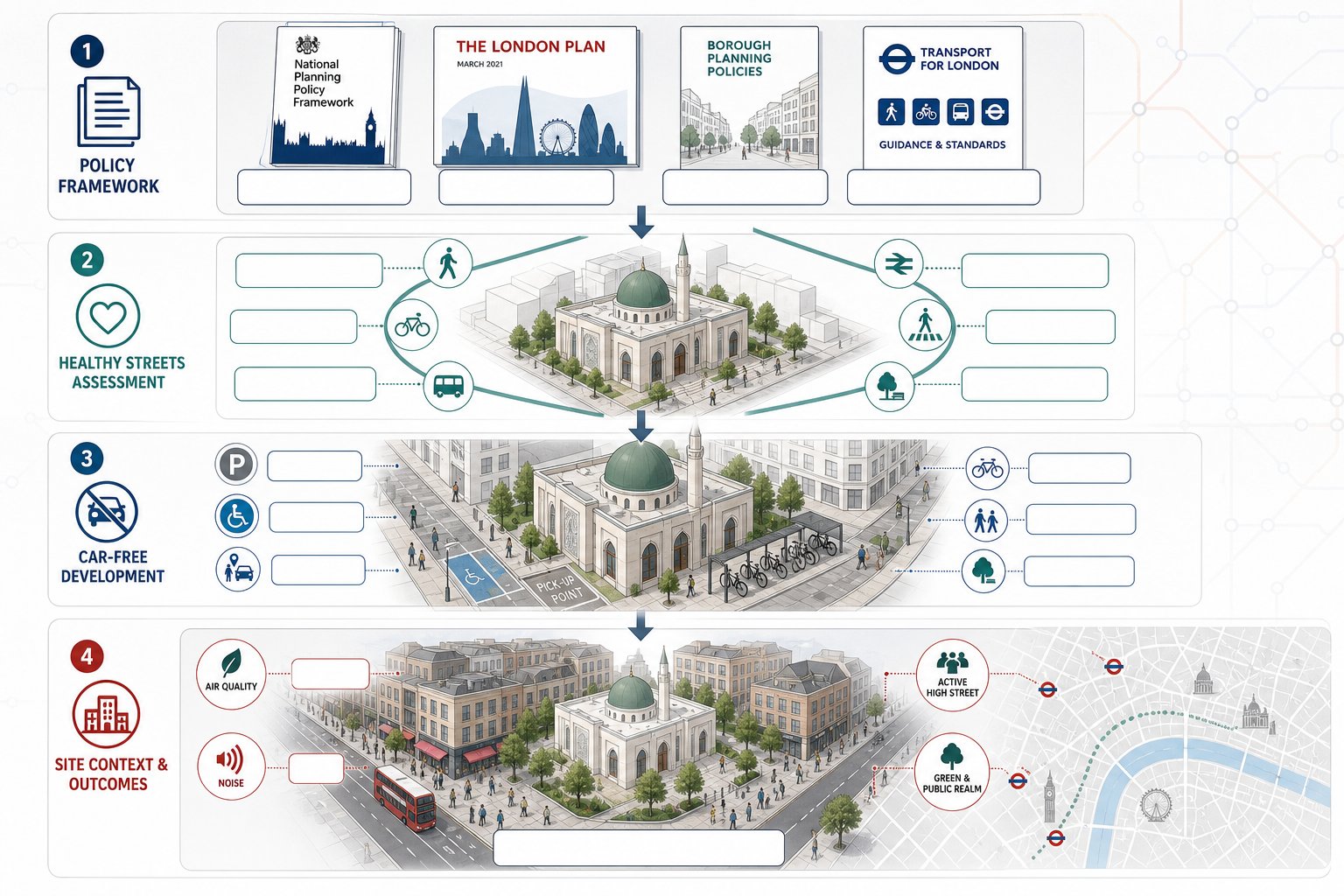 Infographic of car-free mosque planning, access, parking, cycling and policy layers in London.