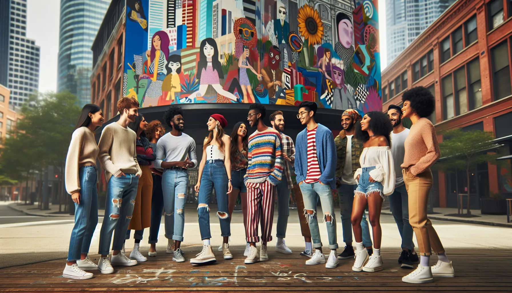 diverse group of young adults in front of a colorful mural.
