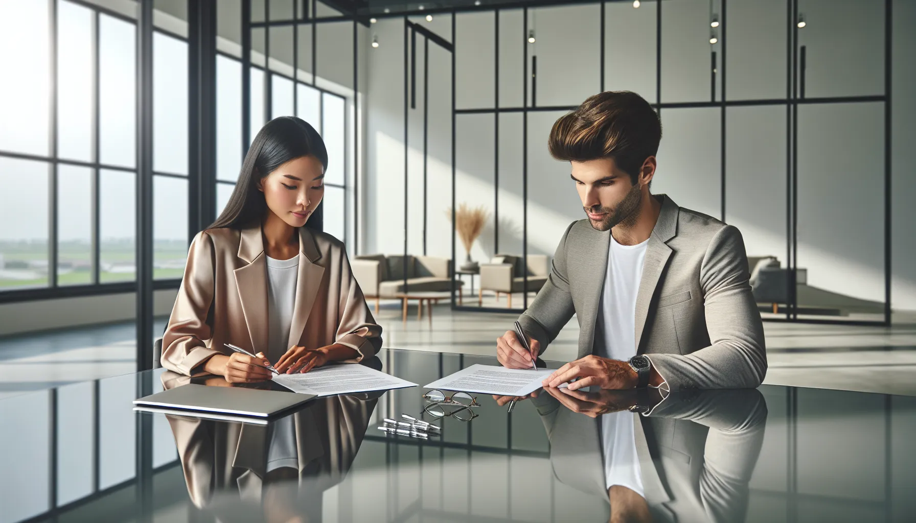 Two professionals reviewing rental contracts in a modern Croatian office.