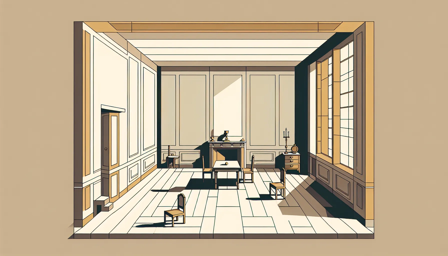 Simple 17th century French house interior with minimal furniture and golden accent.