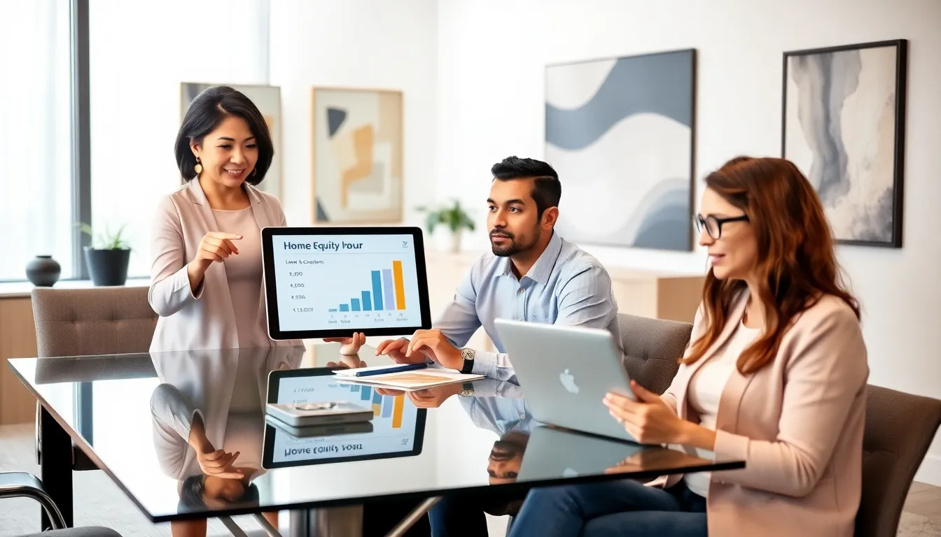 diverse team discussing home equity in a modern office.