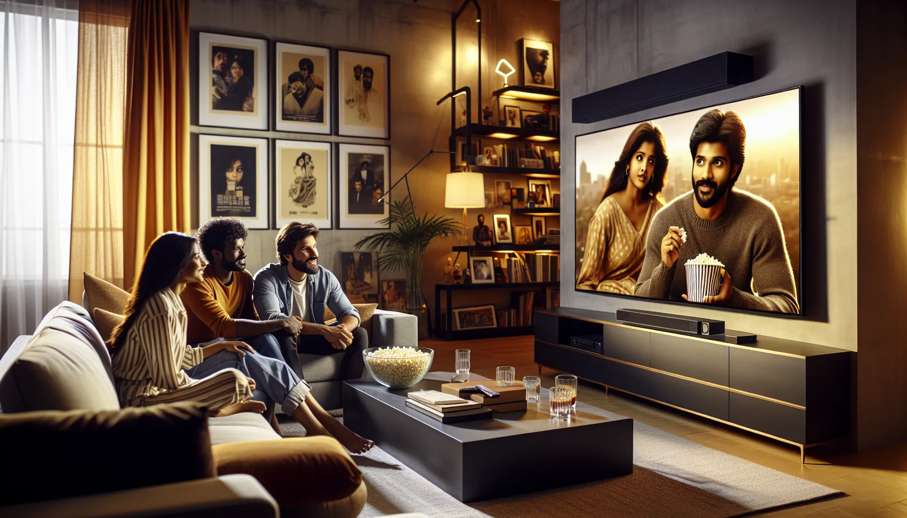 friends enjoying a Telugu movie in a modern living room.