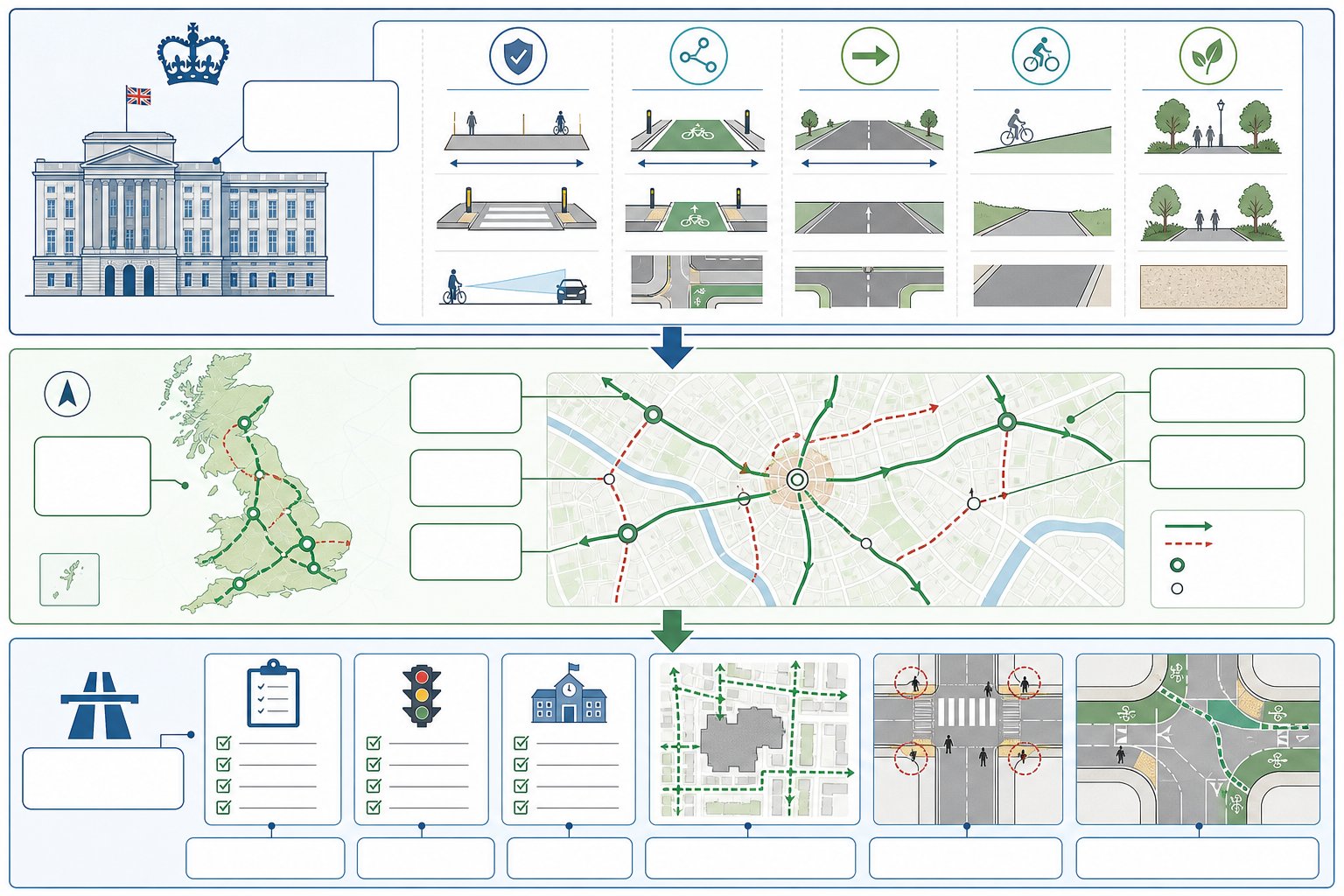 Three-layer UK infographic on walking and cycling policy, plans, and authority review.