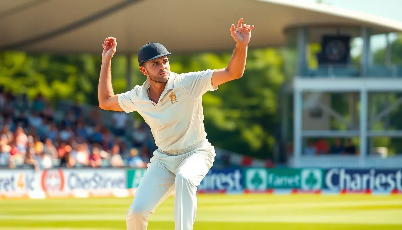 cricketer bowling fast on a professional cricket pitch.