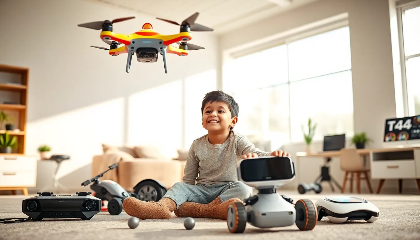 child playing with advanced tech toys in a modern playroom.