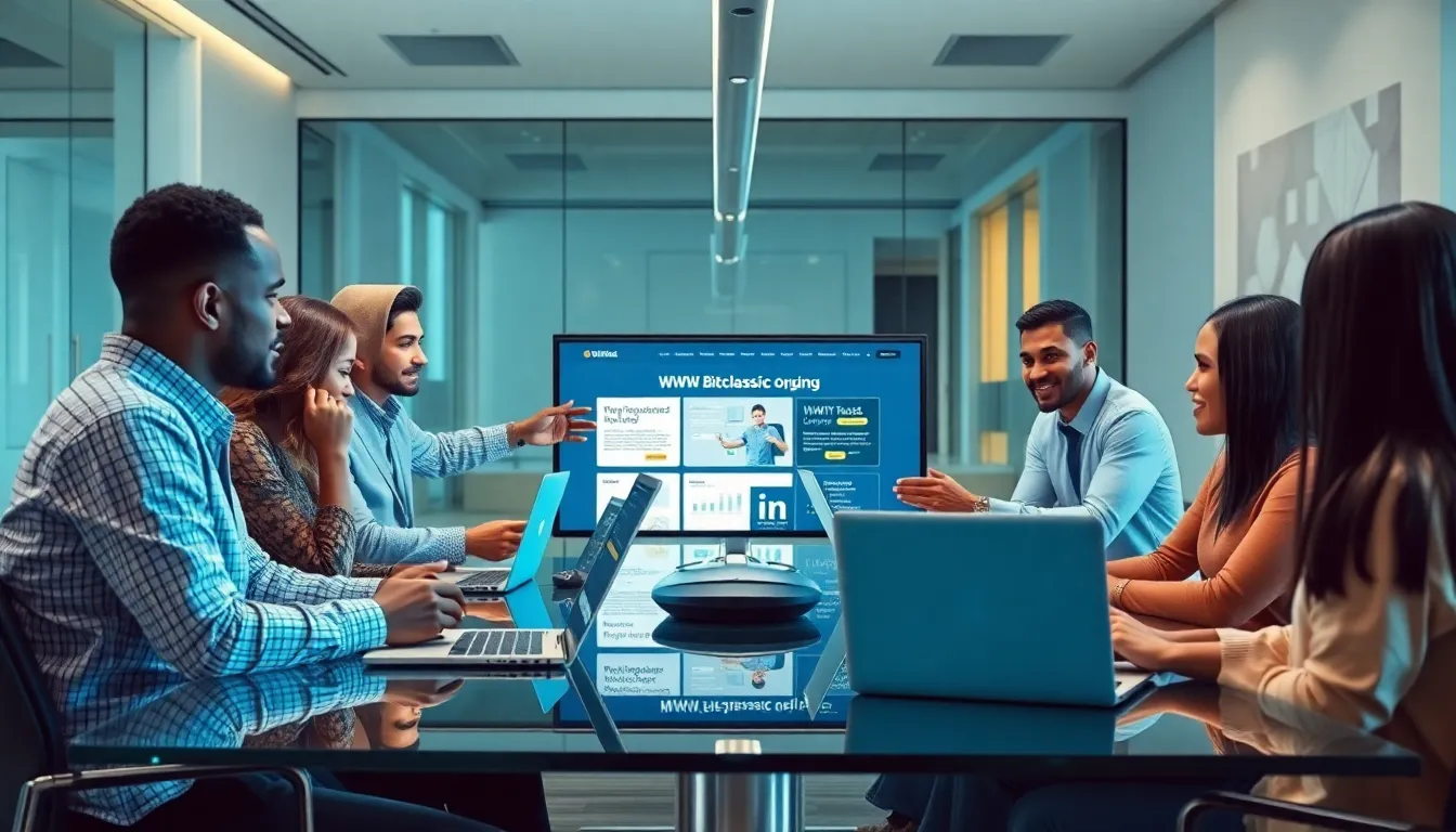 diverse group collaborating on a digital platform in a modern office.