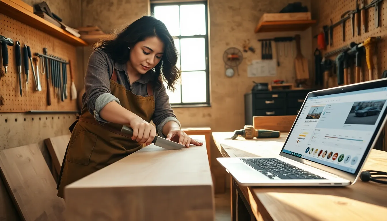 Craftsperson using a chisel at a workbench with laptop showing workflow