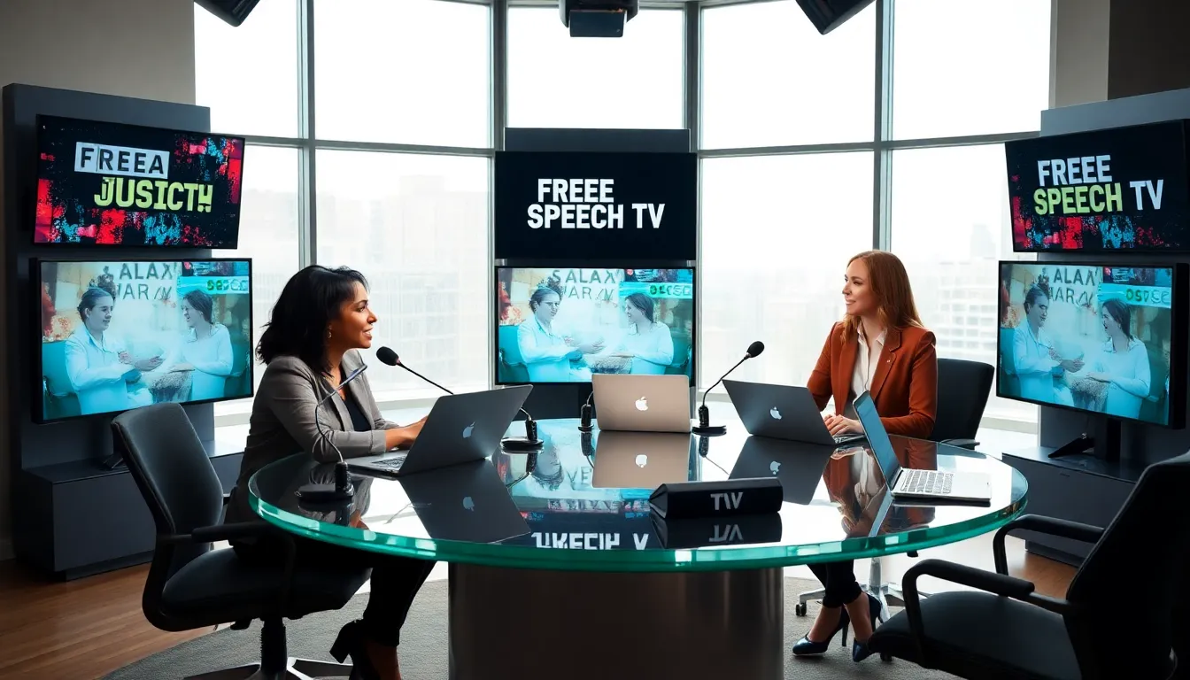 diverse team in a modern studio discussing free speech TV programming.
