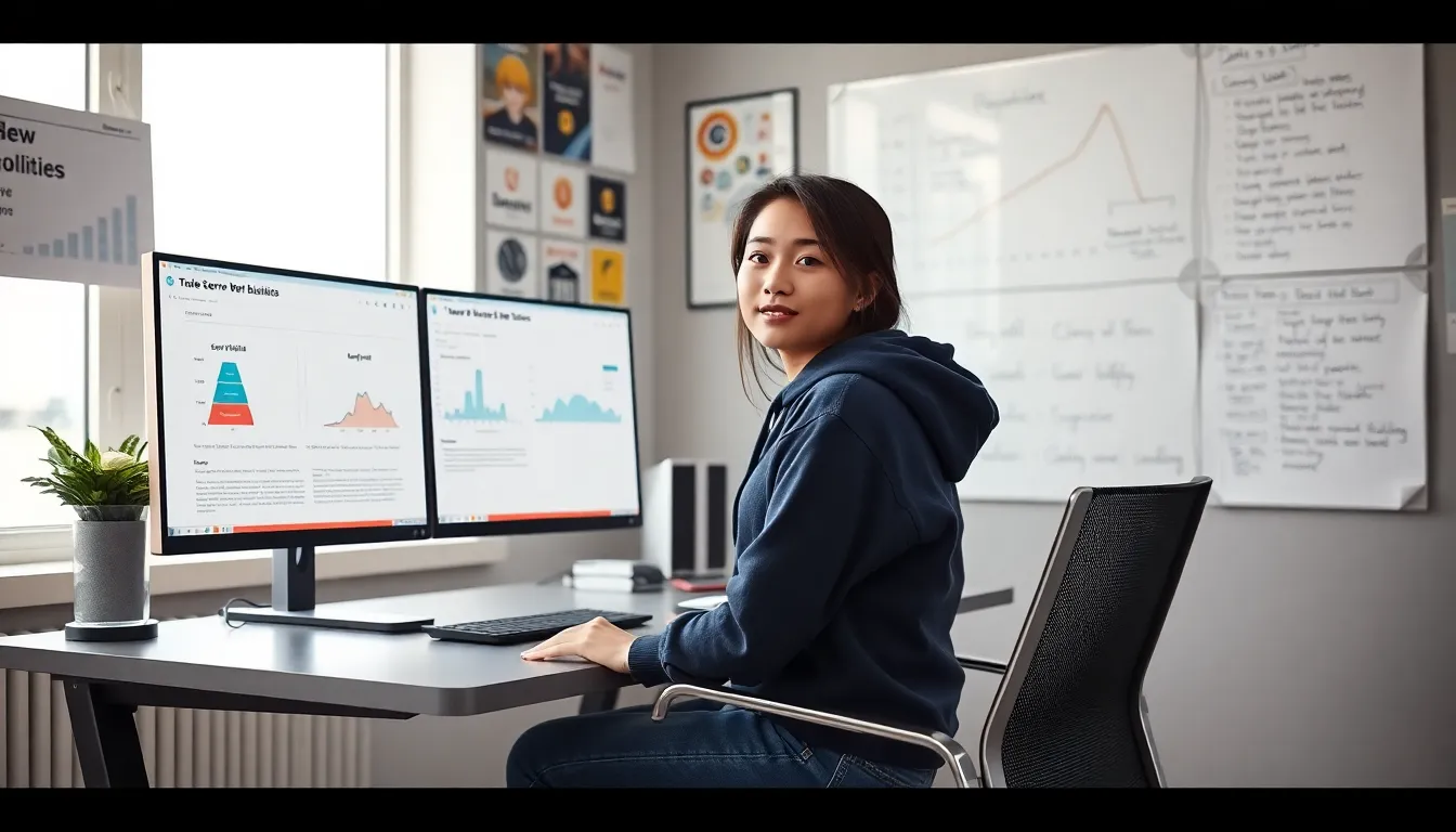 a young woman working at a tech desk focused on web stability metrics.