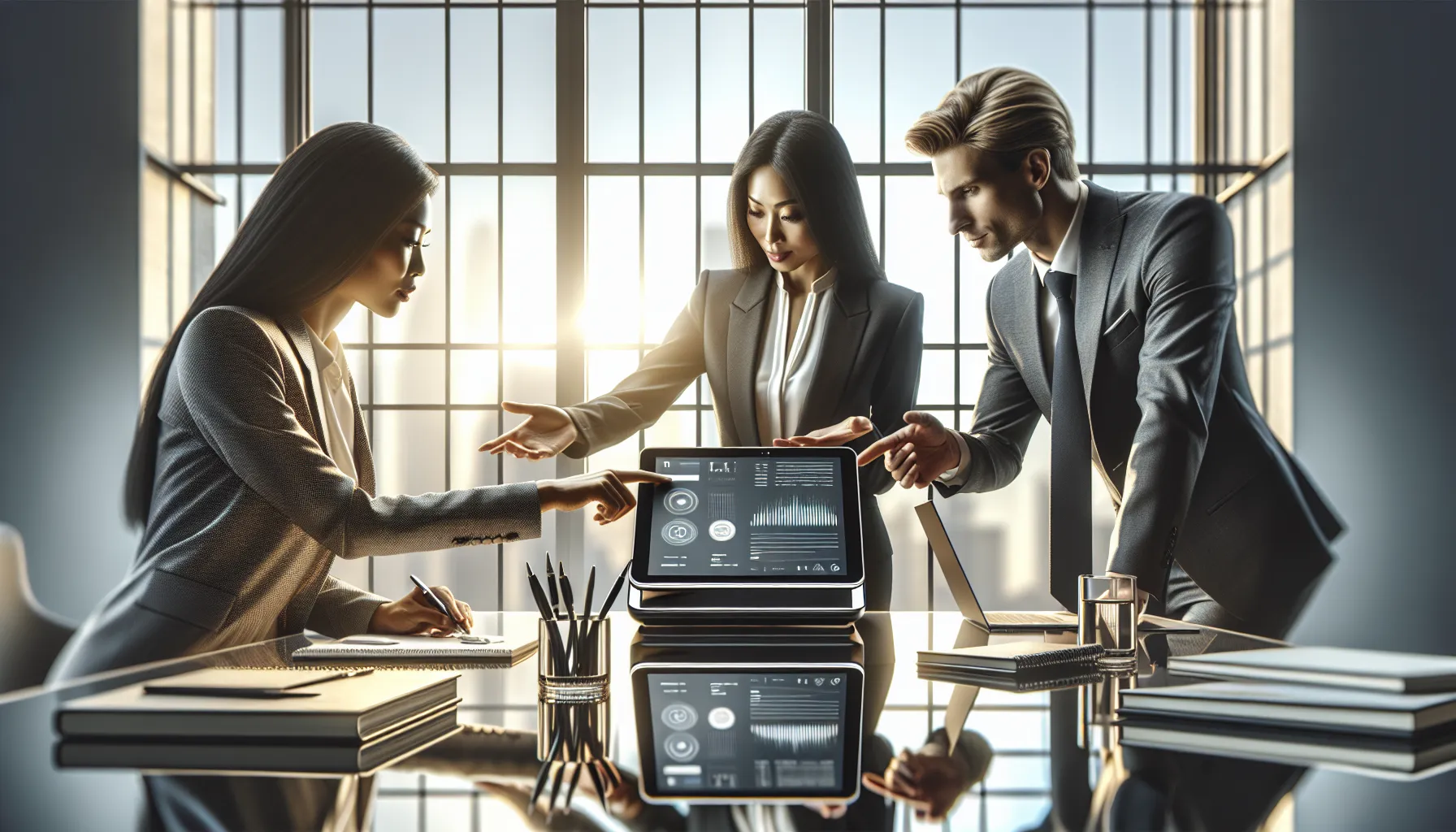 professionals discussing the multifunctional device 1410Pepven8003876683 in a modern office.