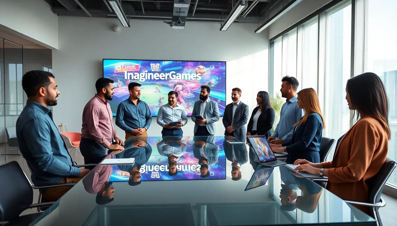 diverse team discussing game development in a modern office.