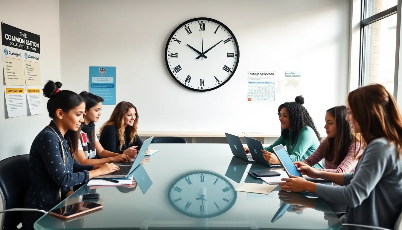 students collaborating on college applications in a modern classroom.