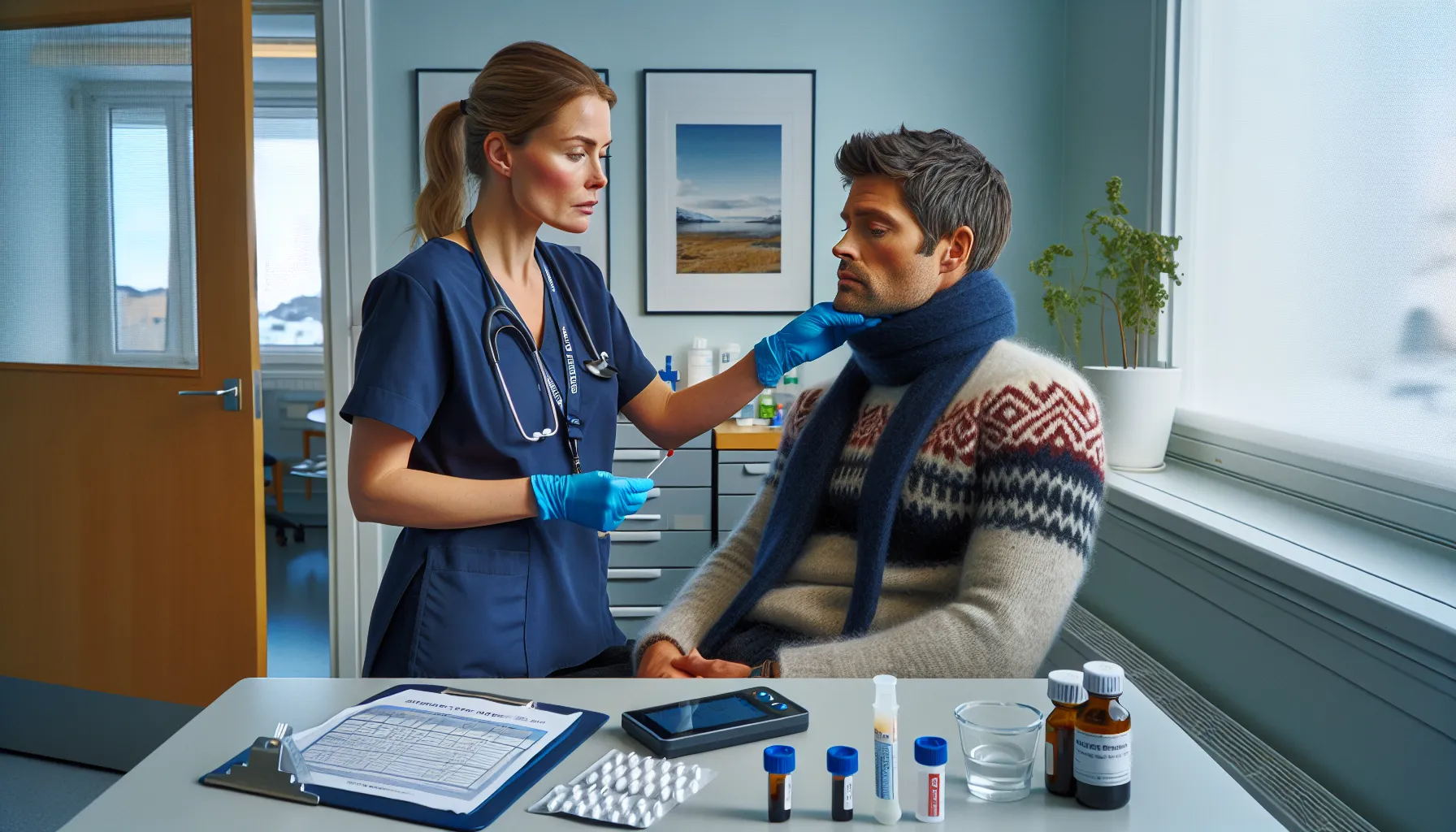 Doctor swabs patient’s throat as tests guide appropriate antibiotic use.