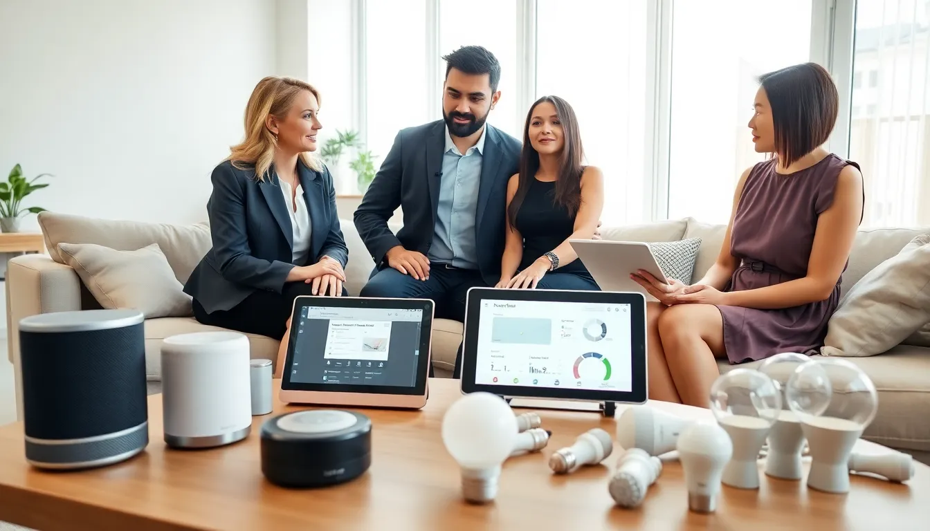 professionals discussing smart home device security in a modern living room.