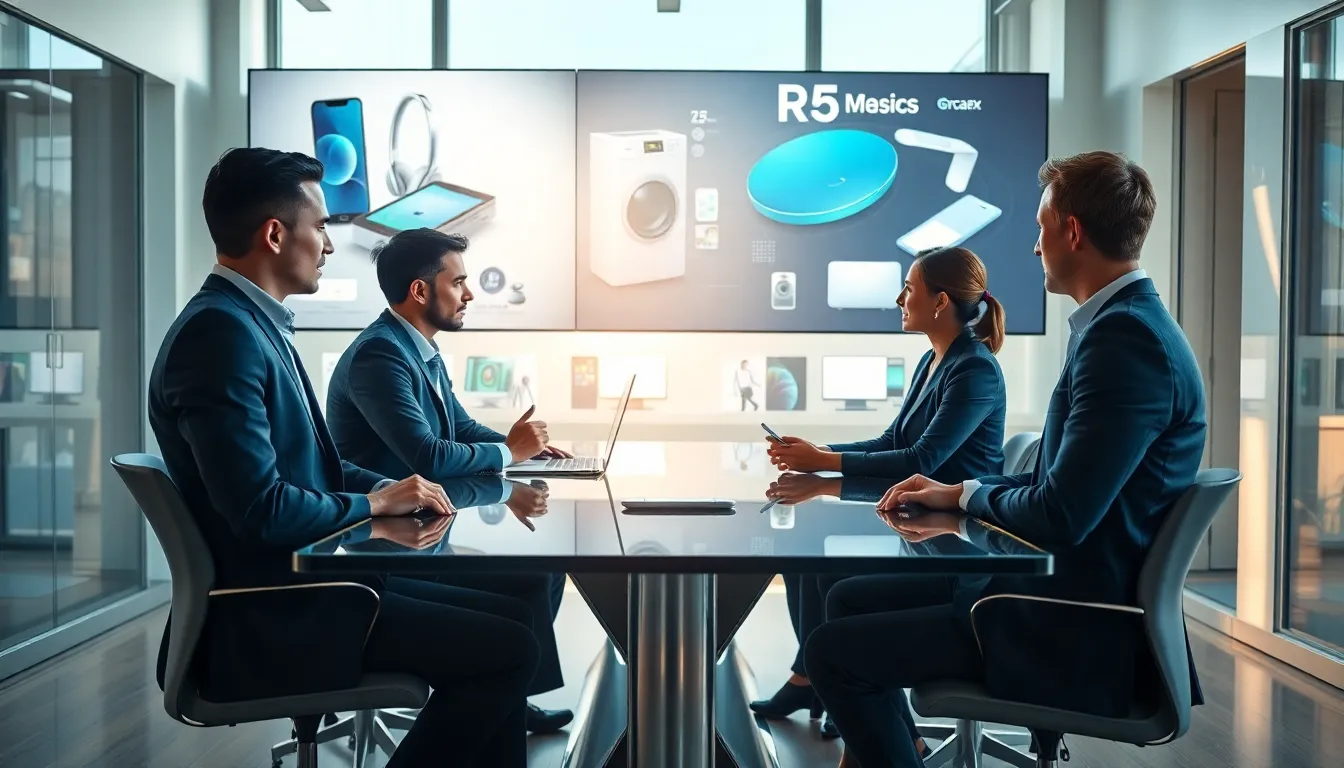 diverse professionals collaborating in a modern office on consumer electronics.