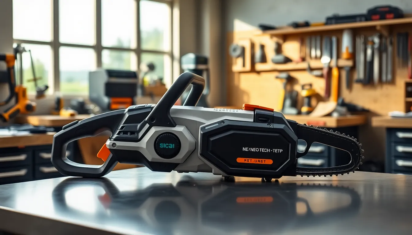 modern Neo Tech Chainsaw in a professional workshop setting.