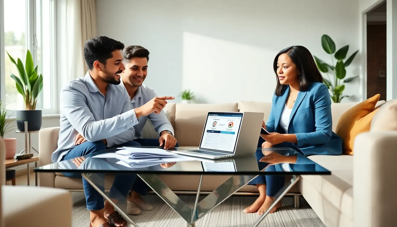 diverse first-time homeowners discussing insurance in a modern living room.