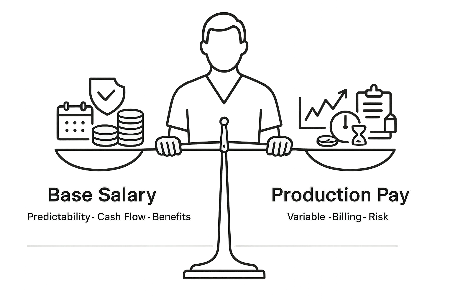 A scale comparing base salary (stable icons) with production pay (variable icons).