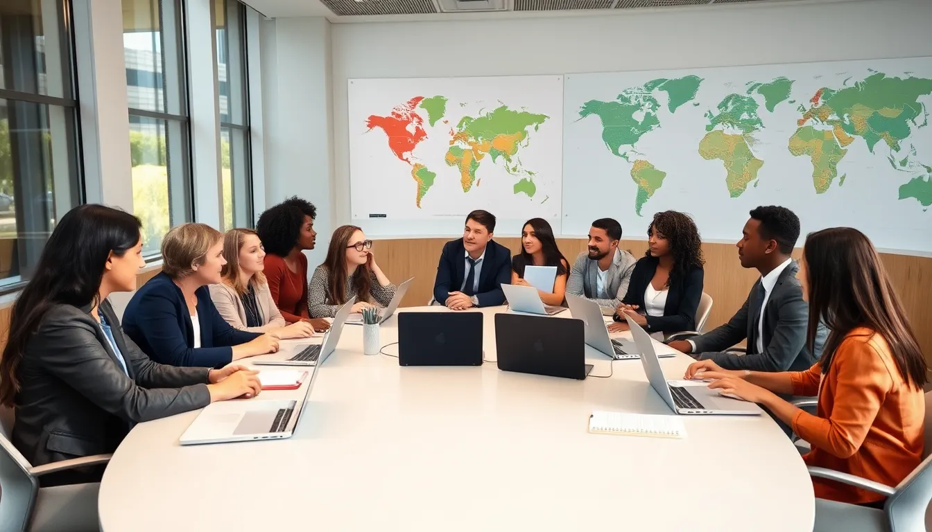 diverse students discussing global affairs in a modern classroom setting.