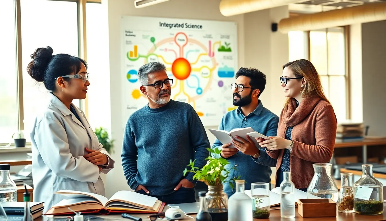 a diverse group of researchers collaborating in a bright university lab.