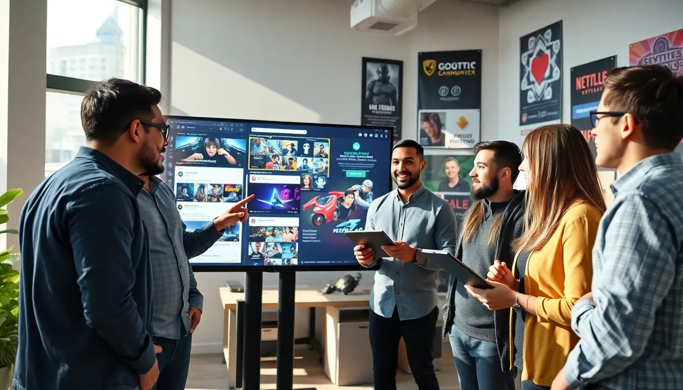 diverse group of gamers discussing gaming culture in a modern office.