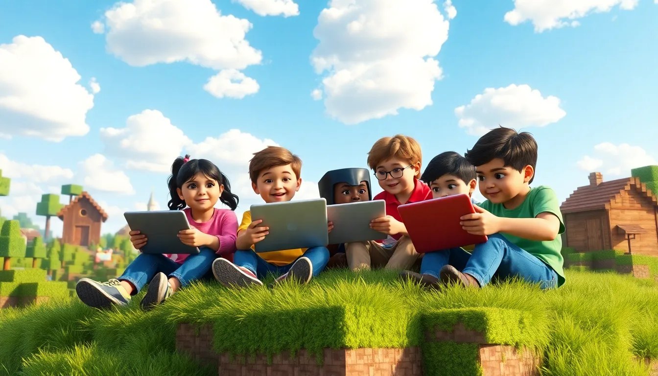 children exploring RedWebzine on laptops in a Minecraft-themed landscape.