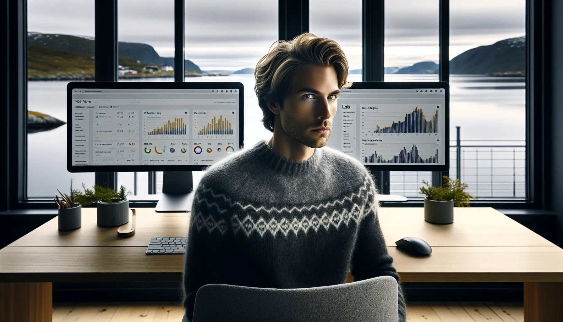 Norwegian analyst compares field and lab Core Web Vitals on dual monitors.