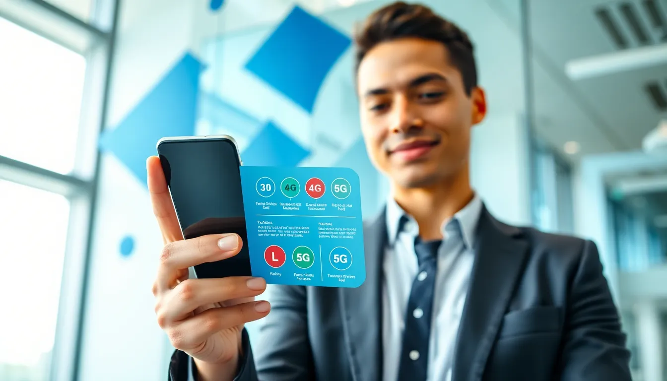 Professional holding a smartphone showing mobile data connectivity options.