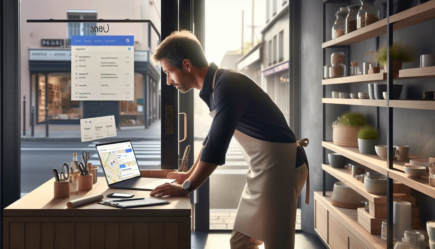 Local business owner in Collégien reviewing Google search visibility on a laptop.